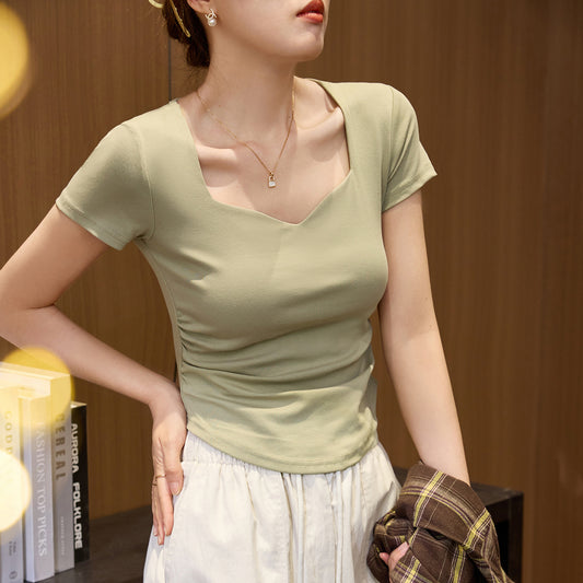 #Combed pure cotton #peach heart square neck short-sleeved T-shirt women's 2026 summer new pleated slim-fitting front shoulder top bottoming shirt