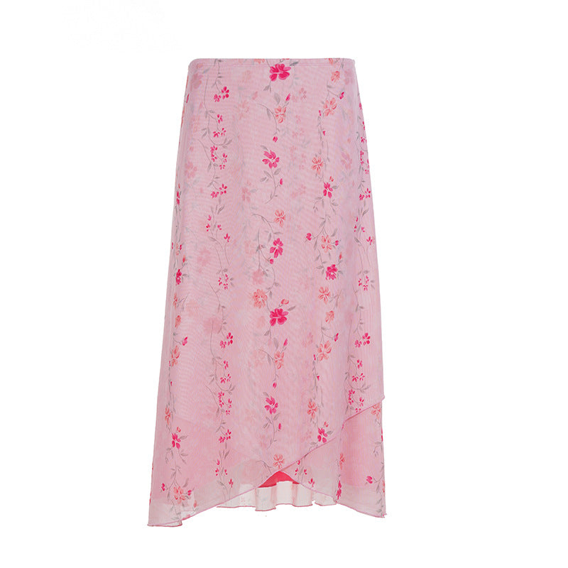 Love cloth forget to be careful, Spice Girl wind floral ruffle edge irregular long skirt, holiday wind light mesh skirt