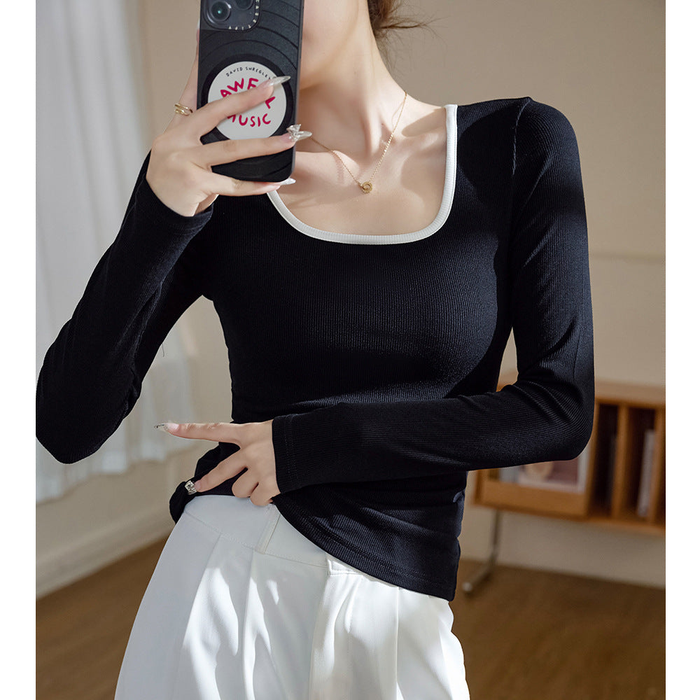 Selection of high elastic thin threaded square neck T-shirt women's long sleeves 2026 autumn and winter new outer wear contrasting color inner bottom top
