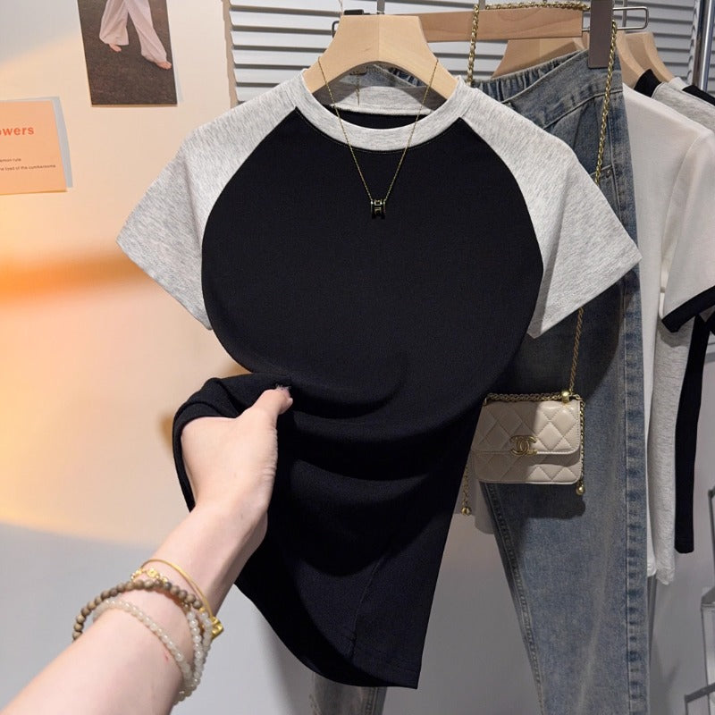 Grey small stand-up collar bottoming shirt for women's inner wear 2025 summer new high-end versatile top contrasting color short-sleeved T-shirt