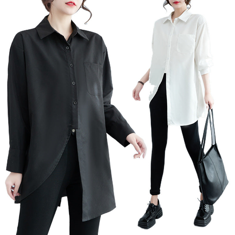Spring 2025 new loose long-sleeved shirt women's medium and long asymmetrical shirt black top