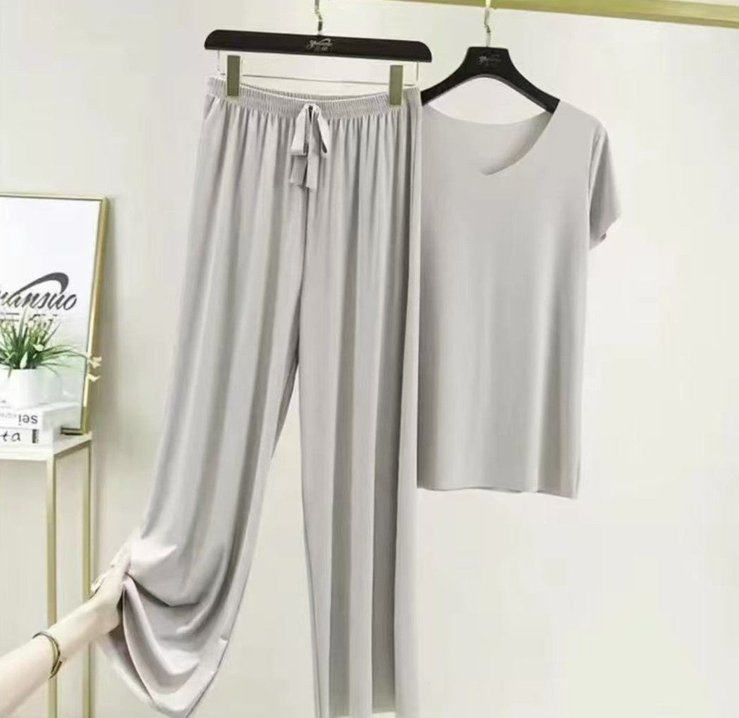 Amazon spring and summer two-piece suit can be worn outside V-neck short-sleeved T-shirt thin solid color loungewear loose wide-leg pants