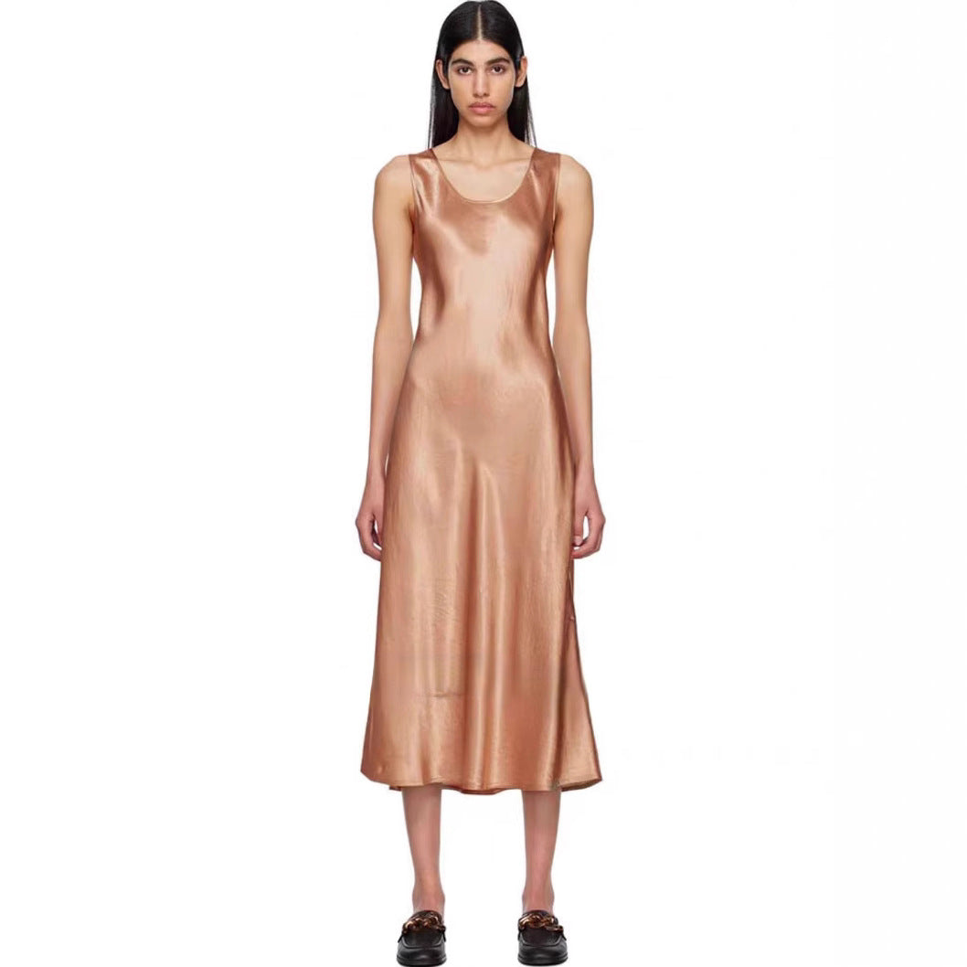 Oblique cut 100% acetic acid pleated silk A-word vest dress women's autumn small satin sleeveless vest long dress