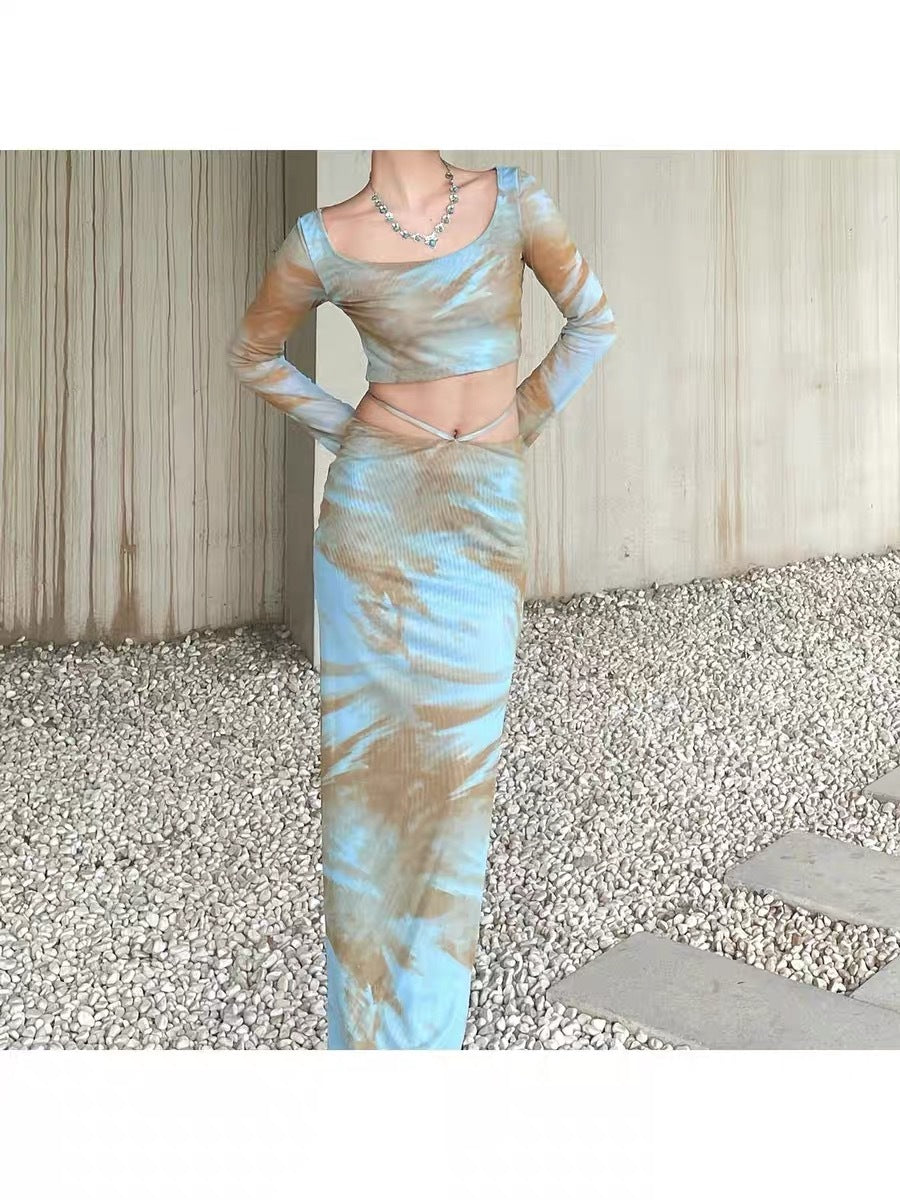 Retro foreign style oil painting tie-dye long-sleeved slim-fitting one-word shoulder fashion summer high-waisted skirt long dress hip-wrap suit