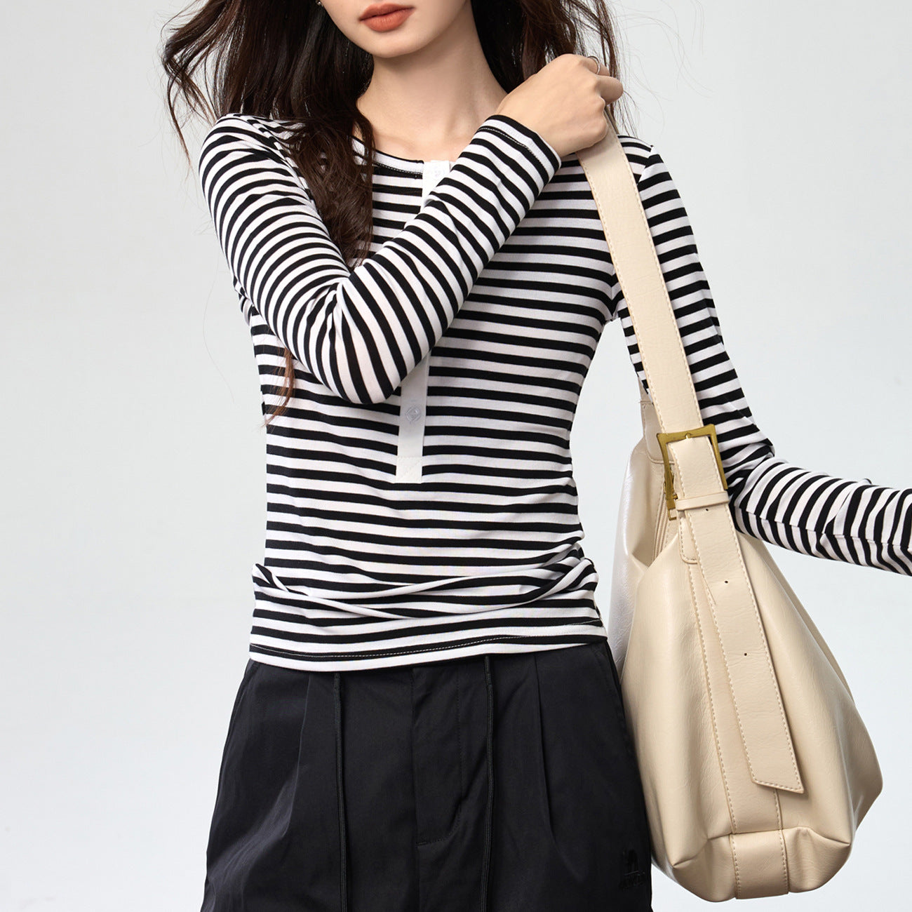 #Tencel Lyocell #Temperament High Sense Black and White Striped Long Sleeve T-Shirt Women's Autumn New Crew Neck Button Top