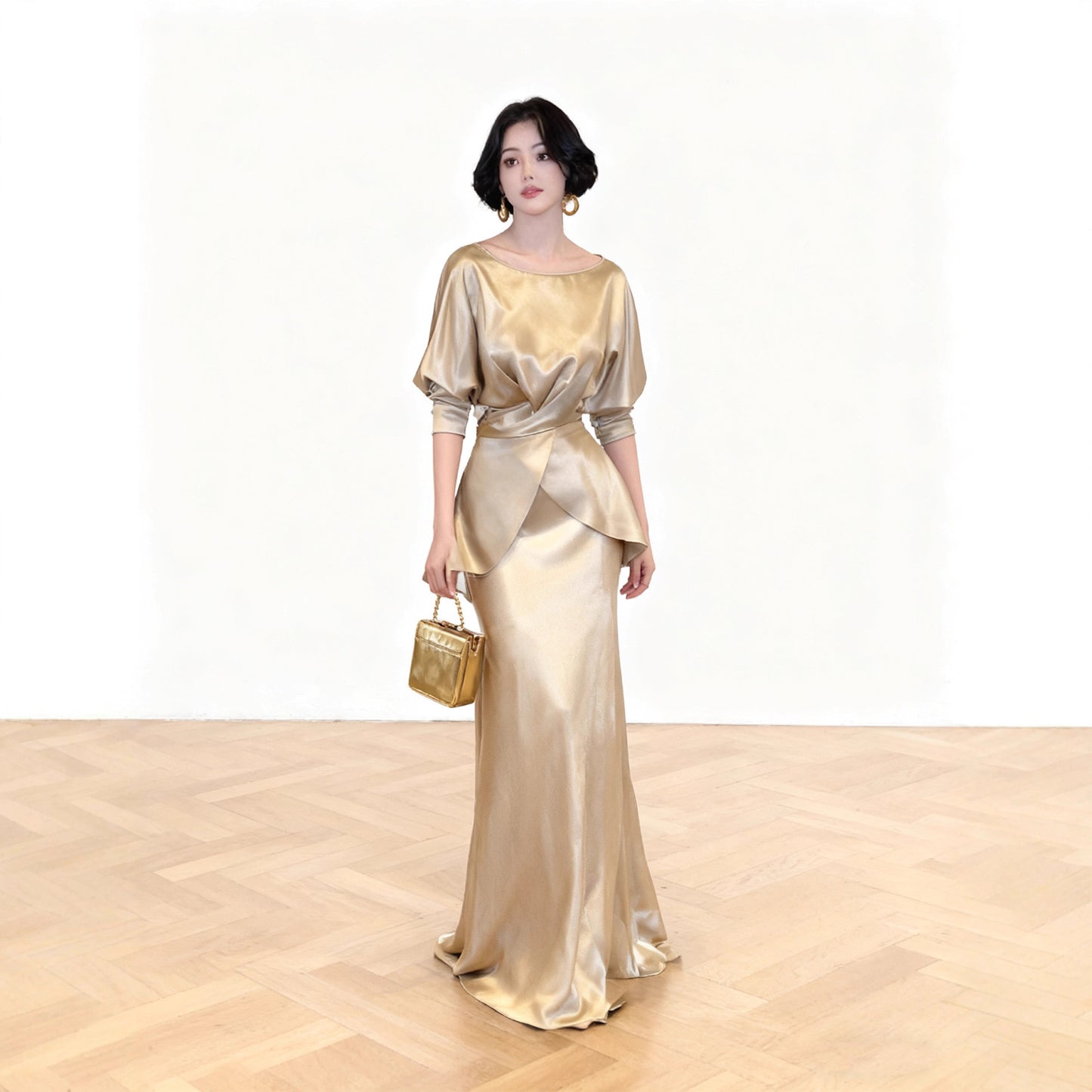 Haute couture imported acetic acid champagne spring and autumn suit femininity elegant satin top fishtail skirt two-piece set