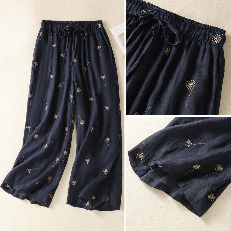 Summer 2025 new cotton and linen retro small polka dot printing wide-leg pants elastic waist casual nine-point straight-leg pants women