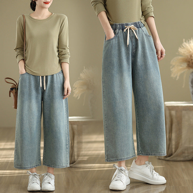Real shot 2025 spring and summer new large size loose casual denim wide-leg pants women's clothing