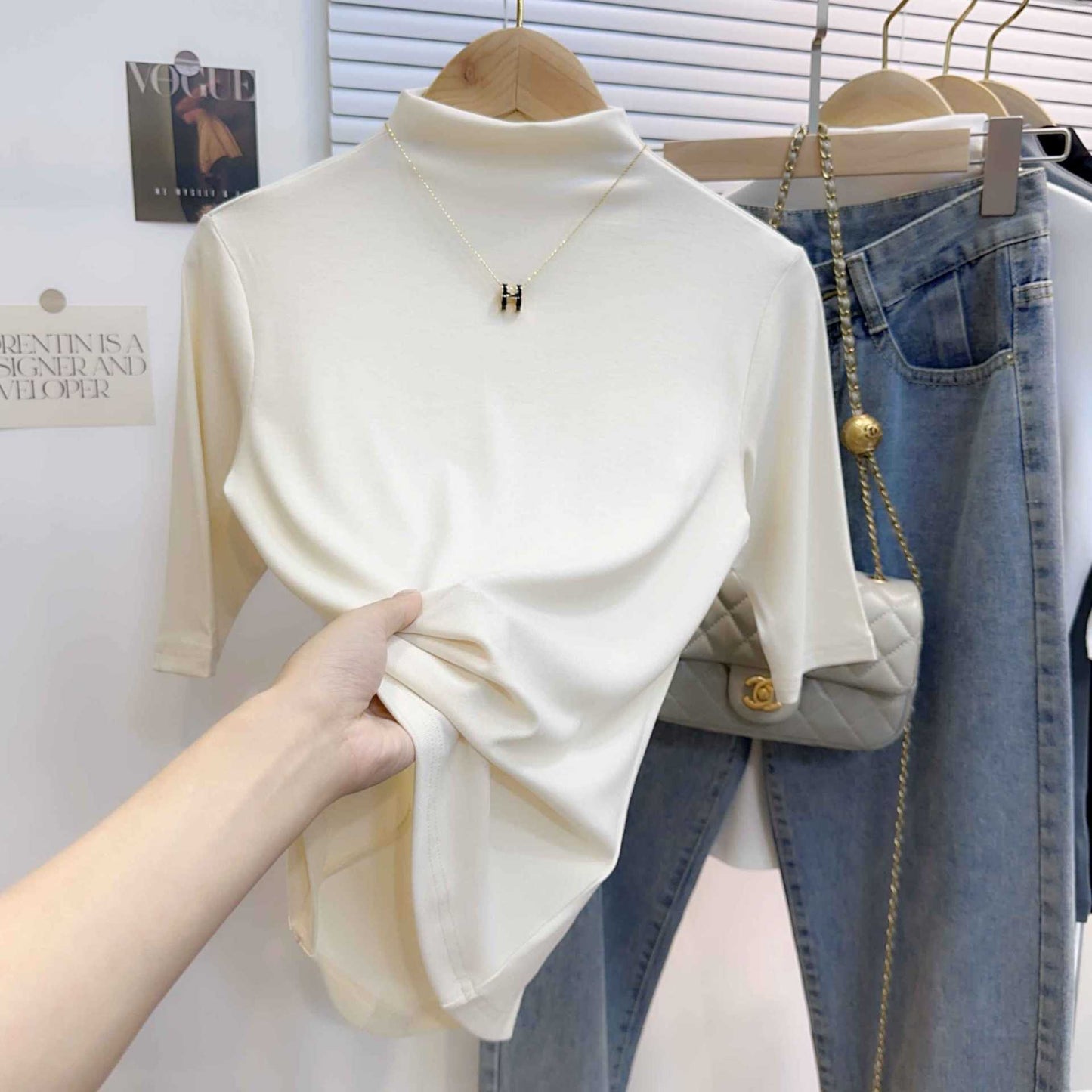 Half turtleneck threaded medium-sleeved bottoming shirt women's inner T-shirt apricot summer five-quarter sleeve simple versatile half-sleeved top