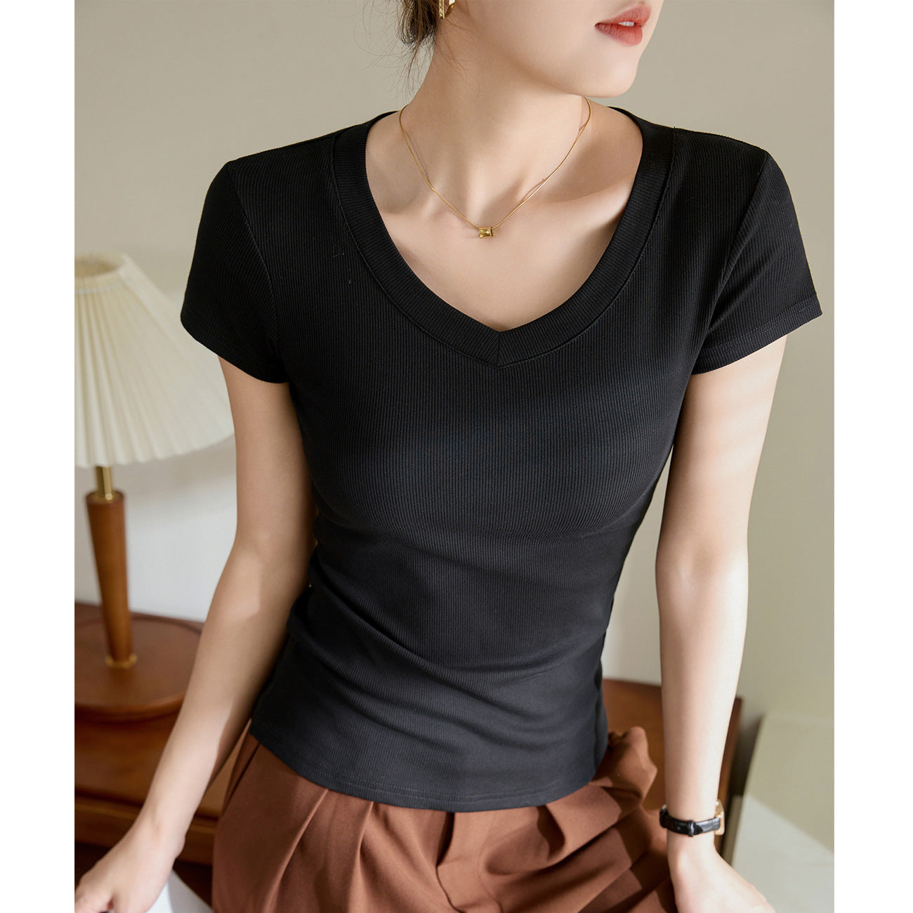 [High quality & selection of pure cotton] V-neck T-shirt women's short-sleeved 2026 summer new thin top bottoming shirt