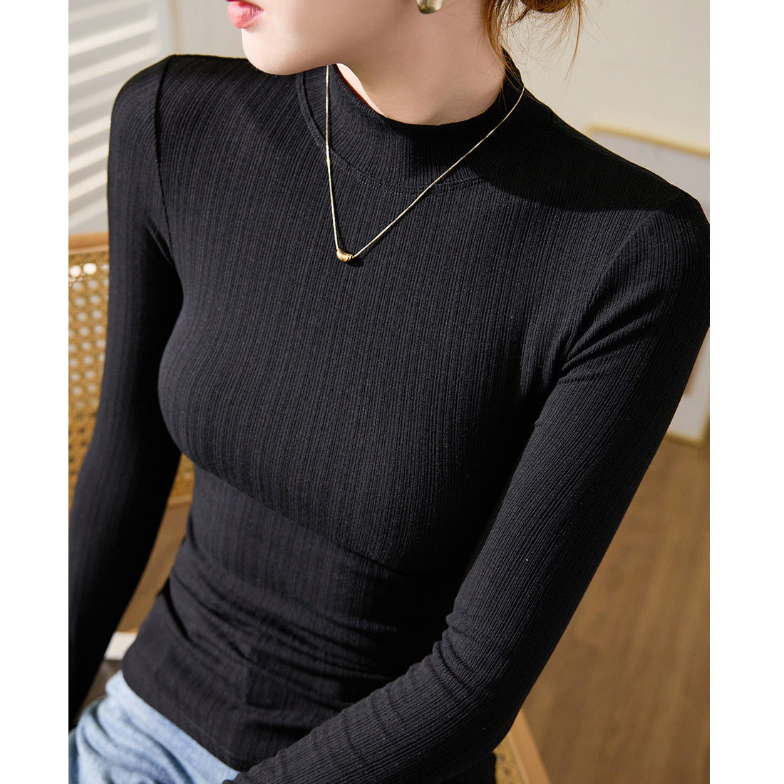Premium Threaded Stand-Up Neck T-Shirt Women's Long Sleeve 2026 Autumn and Winter New Skinny Sexy Slim Top Tights Bottom Shirt