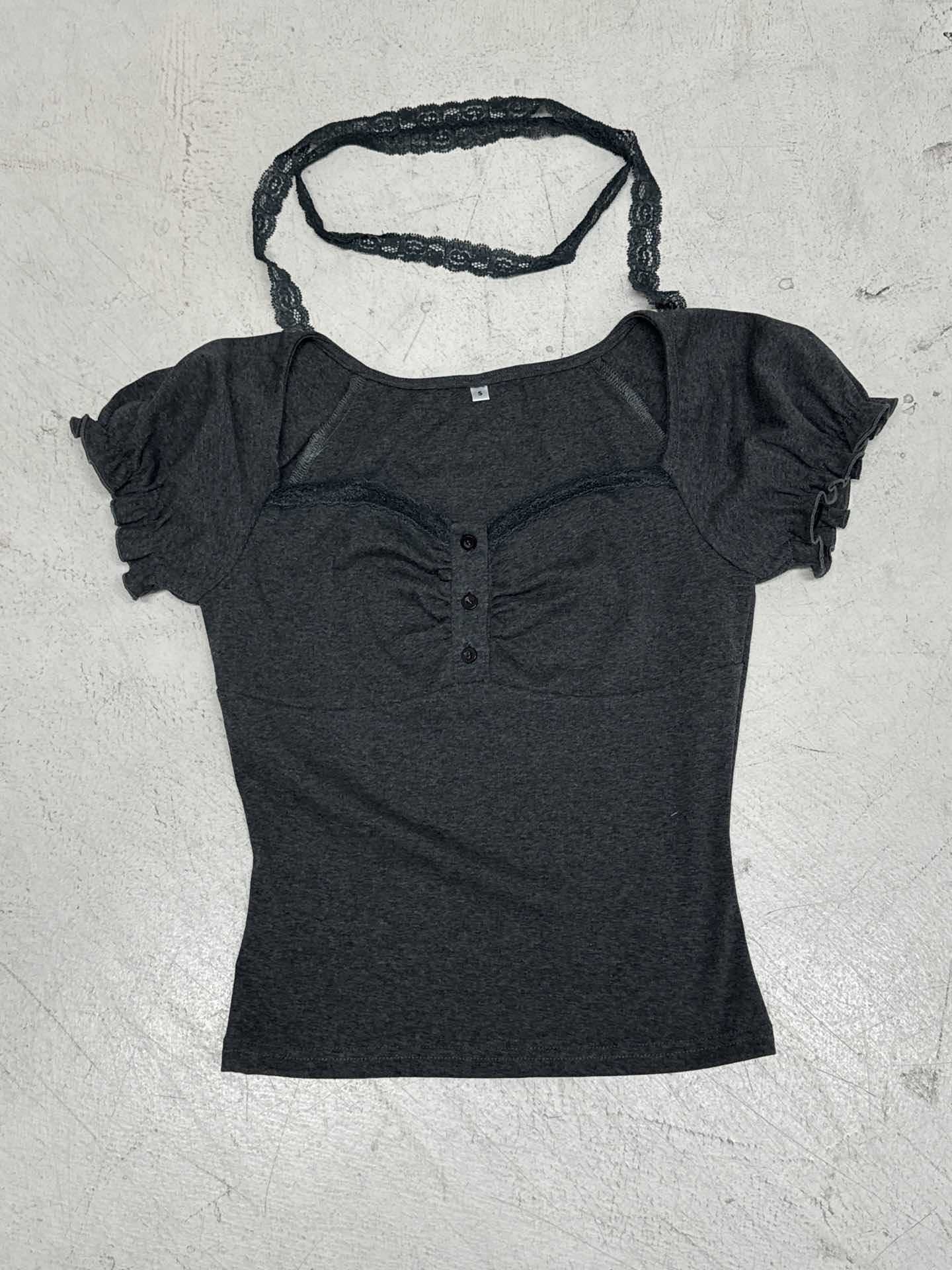 Korean pure desire girl age reduction irregular lace splicing short-sleeved T-shirt scarf design bubble sleeve slim top