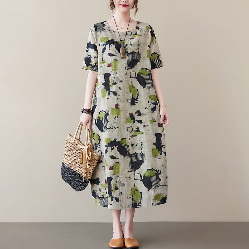 Real shot 2025 summer new literary loose cotton and linen printing round neck short-sleeved dress women's medium and long #8363