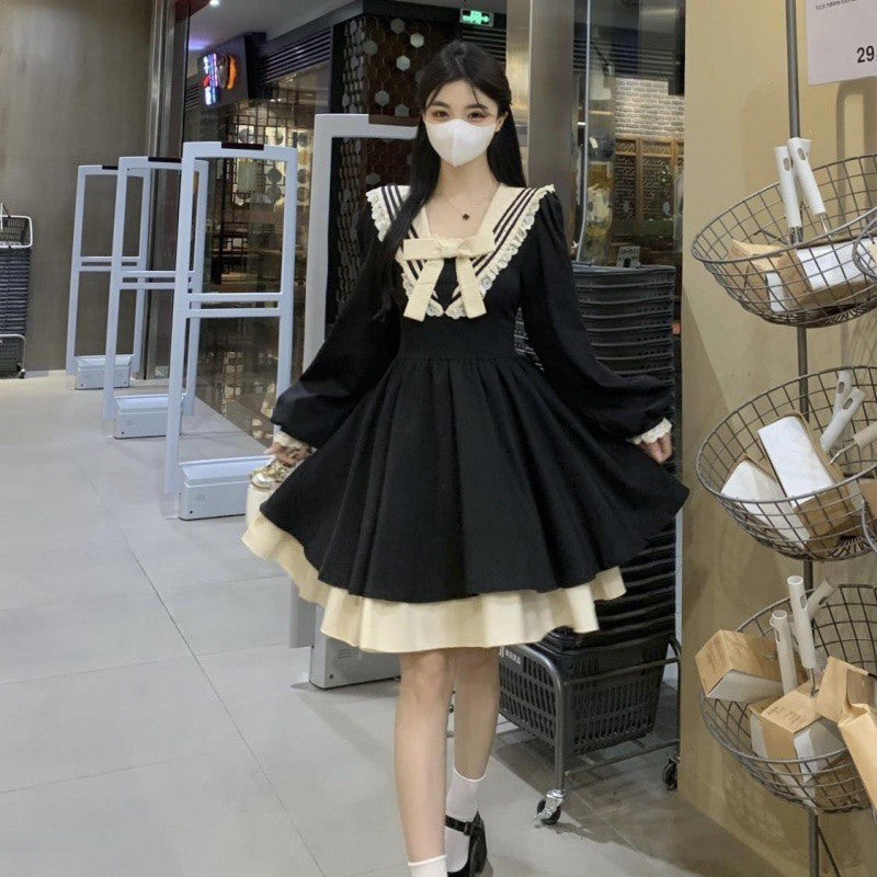 Navy collar long-sleeved Hepburn style dress autumn 2025 new women's tutu dress sweet flesh-covering black skirt