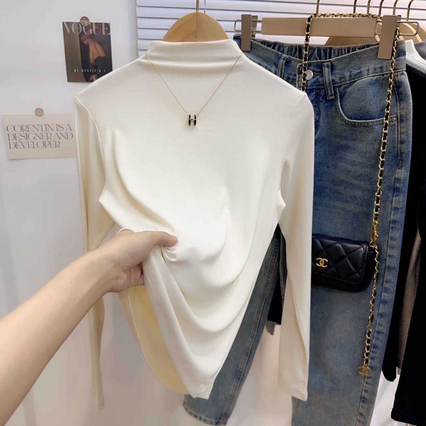 Half turtleneck long-sleeved T-shirt women's autumn thread design sense niche foreign style age reduction beautiful chic top bottoming shirt