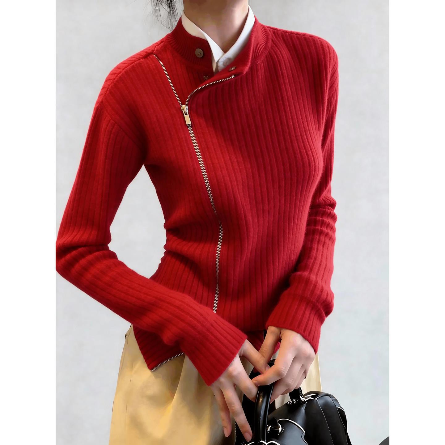 2025 winter popular red fake two-piece knitted sweater femininity age-reducing versatile comfortable slim-fitting and thin top
