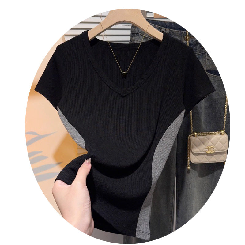 Threaded front shoulder small v-neck short-sleeved T-shirt female slim and thin design sense niche chic contrasting color splicing t-shirt top