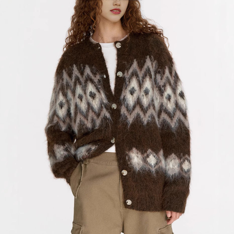 Winter atmosphere wool cardigan, jacquard pulling craft loose Fair Island sweater jacket