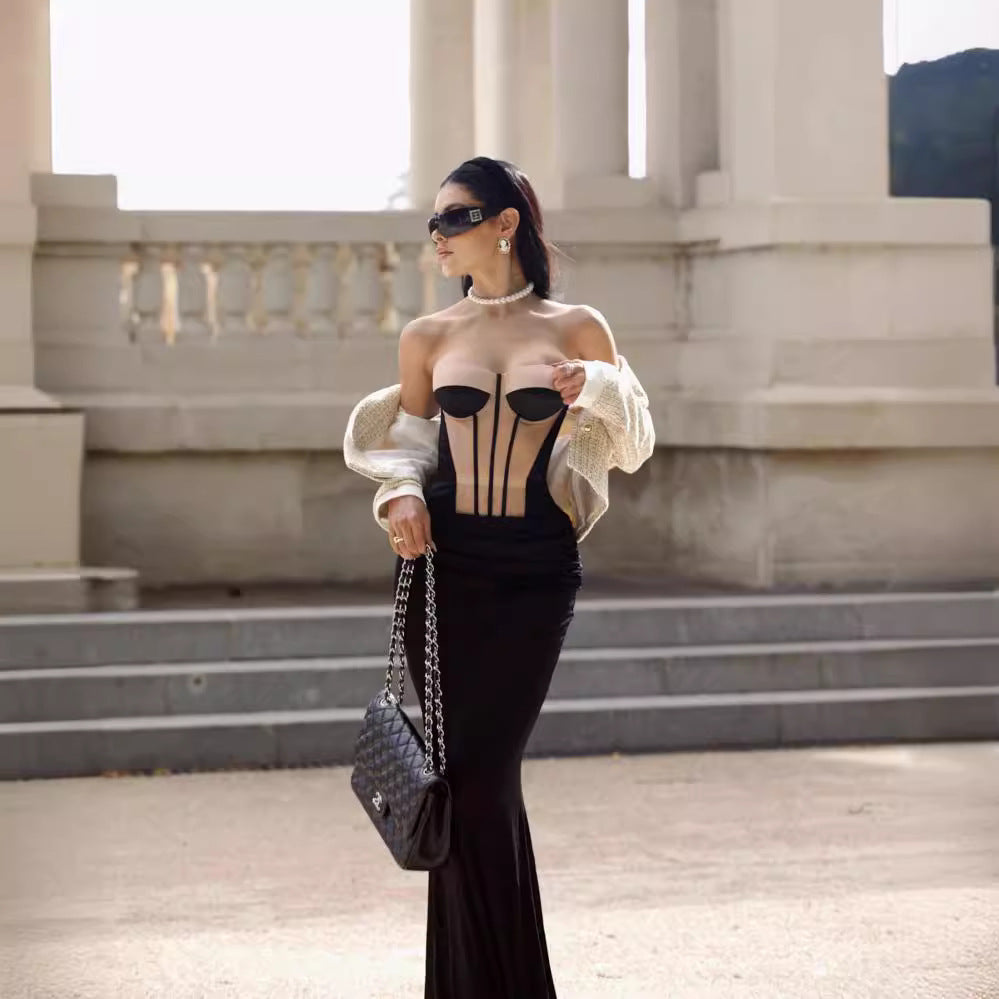 New fashion design cross-border dress apricot mesh short-sleeved black chiffon long dress two-piece set elegant set