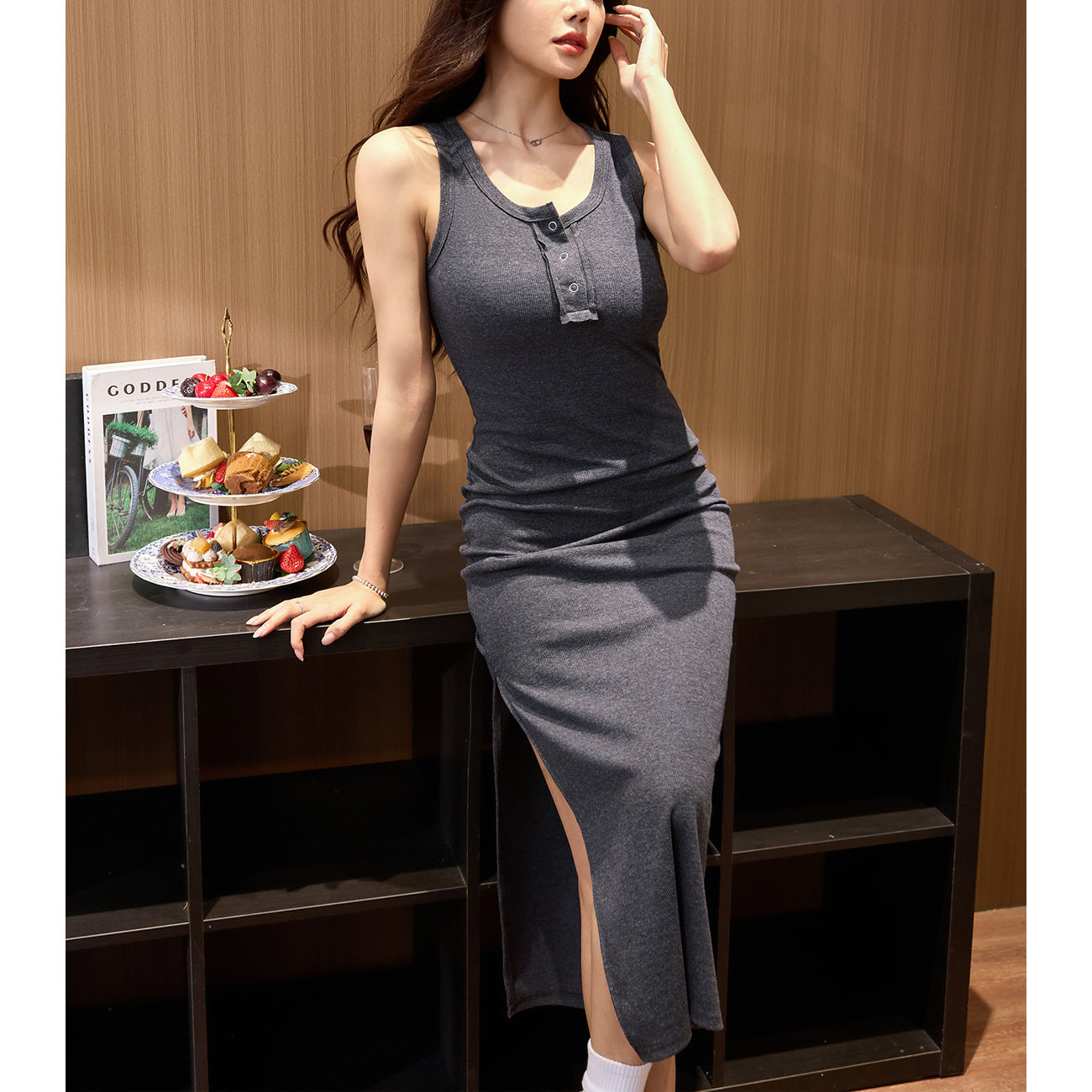 Vest dress 2026 summer suspender long dress sleeveless solid color excellent cotton waist thin tight temperament button skirt