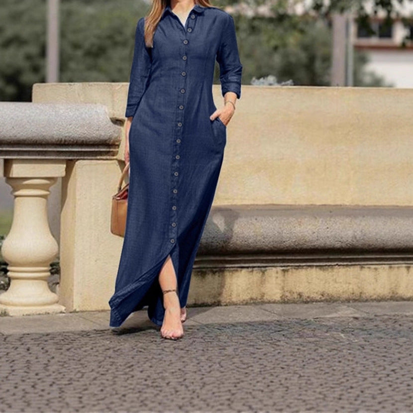 2025 European and American autumn women's clothing temperament elegant fashion neutral style long-sleeved lapel cardigan solid color long denim skirt