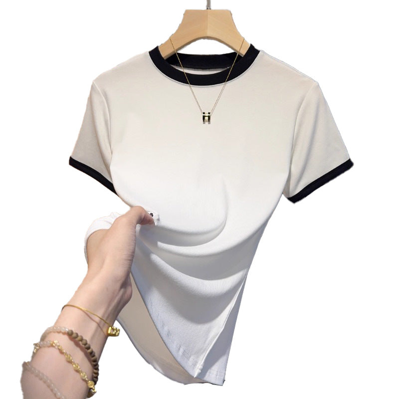 apricot versatile small stand-up collar short-sleeved T-shirt for women's 2025 summer new Korean tight and thin ice silk t-shirt