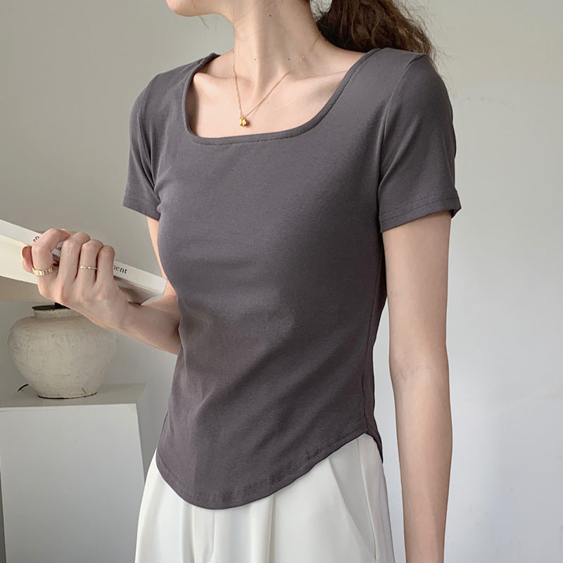 260G selection pure cotton T-shirt women's summer short sleeve 2026 new irregular curved slim and thin U-neck bottoming top