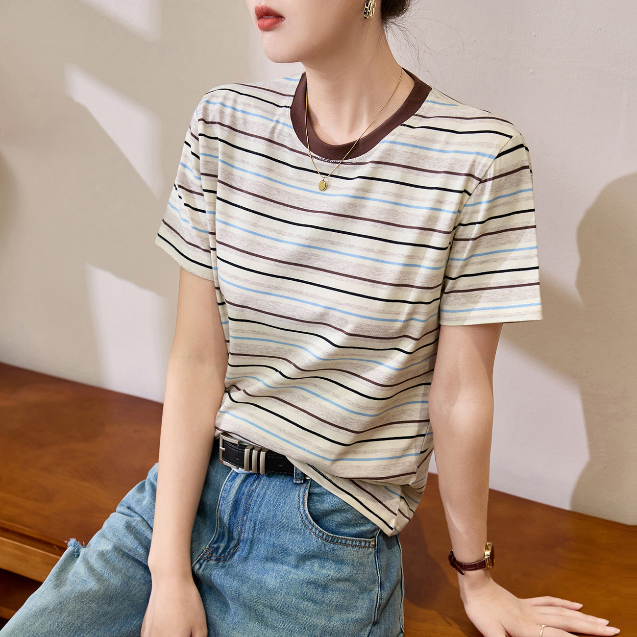 #Combed pure cotton #medium and long loose retro rainbow striped short-sleeved t-shirt women's summer 2026 new lazy top