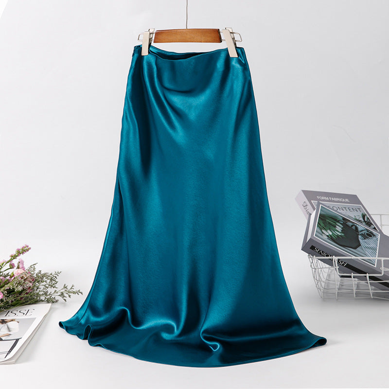 Fried Street Elastic Waist Acetic Acid Skirt High-end Silky 2025 Spring and Summer New Over-the-Knee Swing Skirt