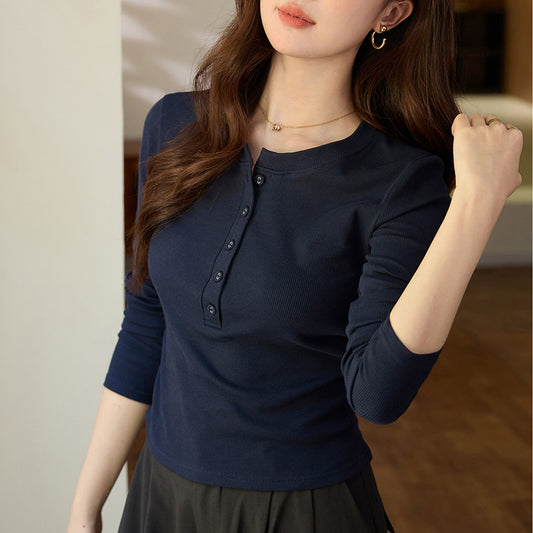#Ingenuity screening product #Waist pleated Maillard chic cloth button-up long-sleeved T-shirt femininity pure cotton bottoming shirt