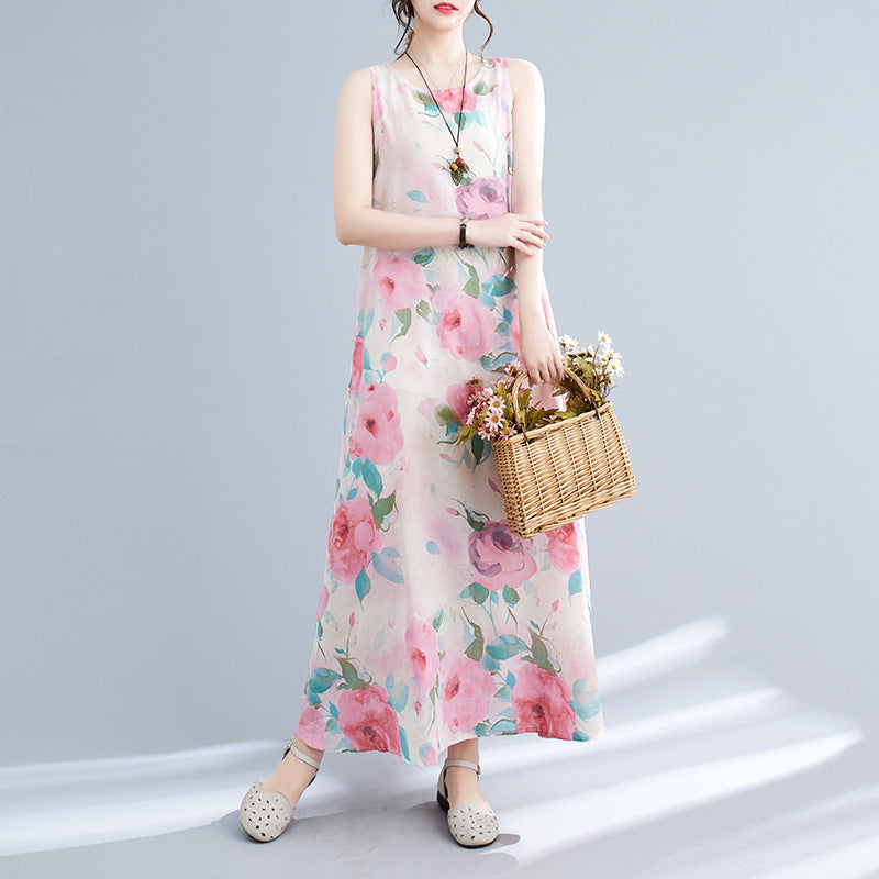 Real shot 2023 summer new literary loose cotton and linen printing round neck sleeveless dress women's medium and long 8602 #