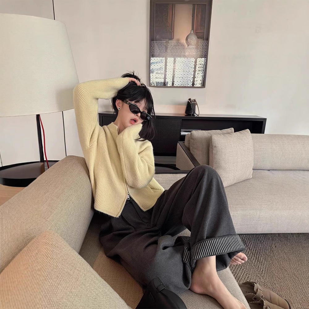 Cheongdam-dong Oni herringbone pattern velvet flanged two wear random adjustment thickened woolen pants women