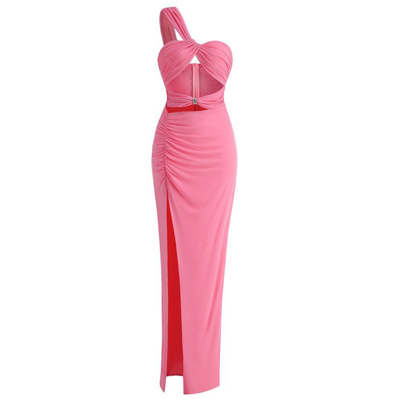 Cross-border women's off-the-shoulder kinked chest-wrapped dress women's high split solid color evening banquet dress skirt elegant temperament