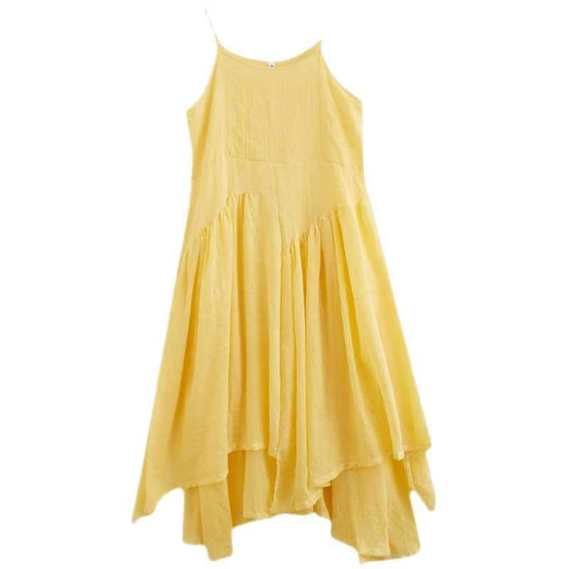 Real shot 2025 summer new literary large size loose solid color suspender dress women's irregular long dress 8237 #
