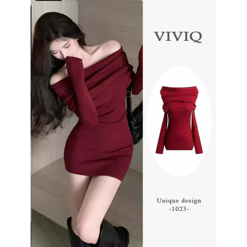 Autumn women's clothing 2025 new high-end long-sleeved one-word shoulder knitted dress red hip-wrapped short skirt children