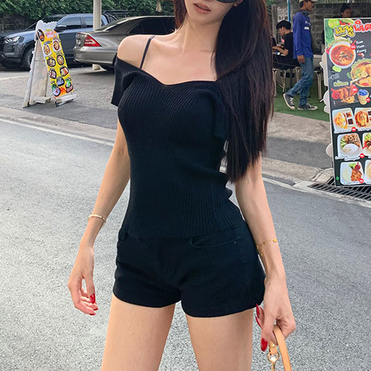 #Two wear V-neck #show chest big waist thin small spice girl flying sleeve ice silk short sleeve women's summer pit strip knitted T-shirt pure desire top