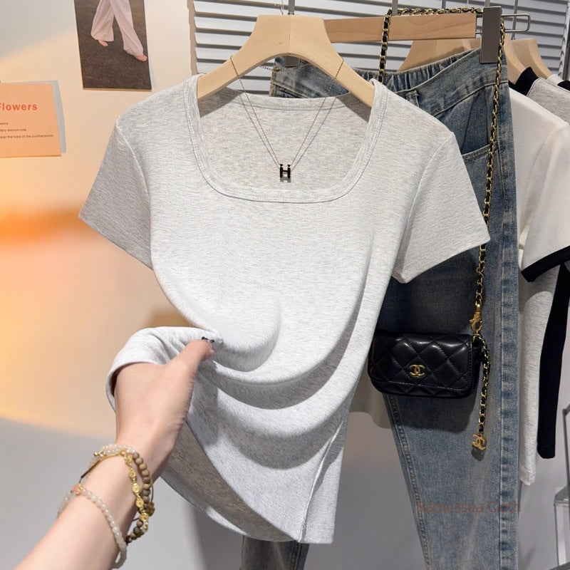 Black Square Neck Front Shoulder Short Sleeve T-Shirt Women's American Foreign Versatile Slim Skinny Threaded Knitted Ice Silk Top