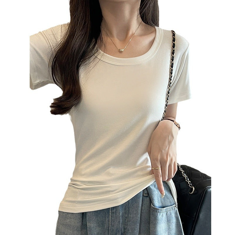 White U-neck short-sleeved t-shirt women's top fashionable foreign style big collar thread 2025 Internet celebrity bottoming shirt versatile and exquisite