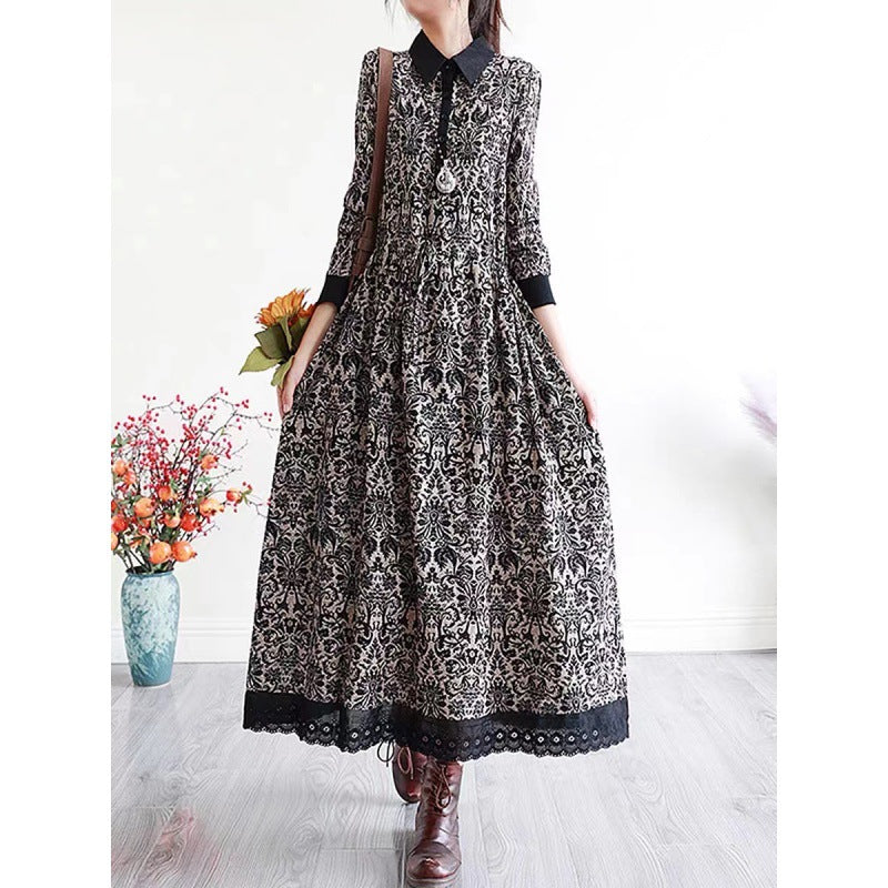 2025 Spring New Literary Loose Cotton and Linen Printed Lapel Long Sleeve Dress Women's Waist Medium and Long 969 #