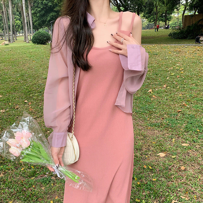 High-end design double shoulder suspender dress women's summer 2026 new loose and thin inner knee vest long dress