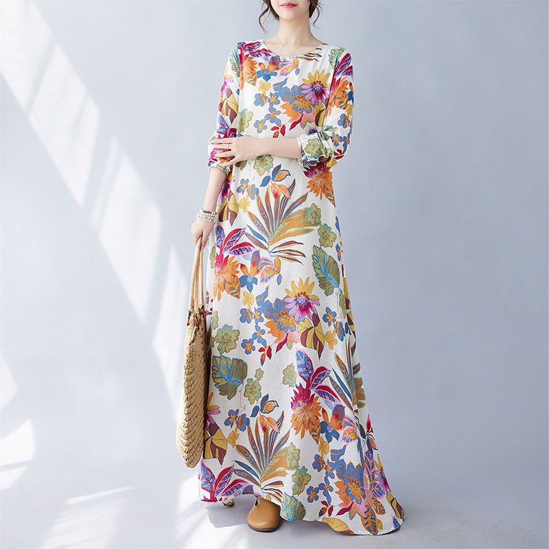 Real shot 2024 autumn new literary large size loose printing round neck long sleeve dress women's long dress 9663 #