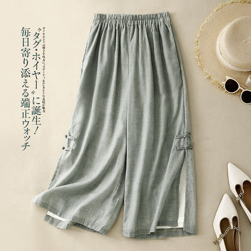 Real shot 2025 summer new cotton and linen large size literary and retro loose wide leg straight cropped pants women #9525