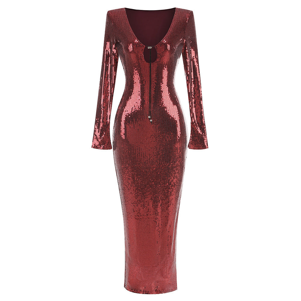 New Amazon Europe and the United States sexy sequin flared sleeve skirt women's U-neck women's clothing hem split dress long